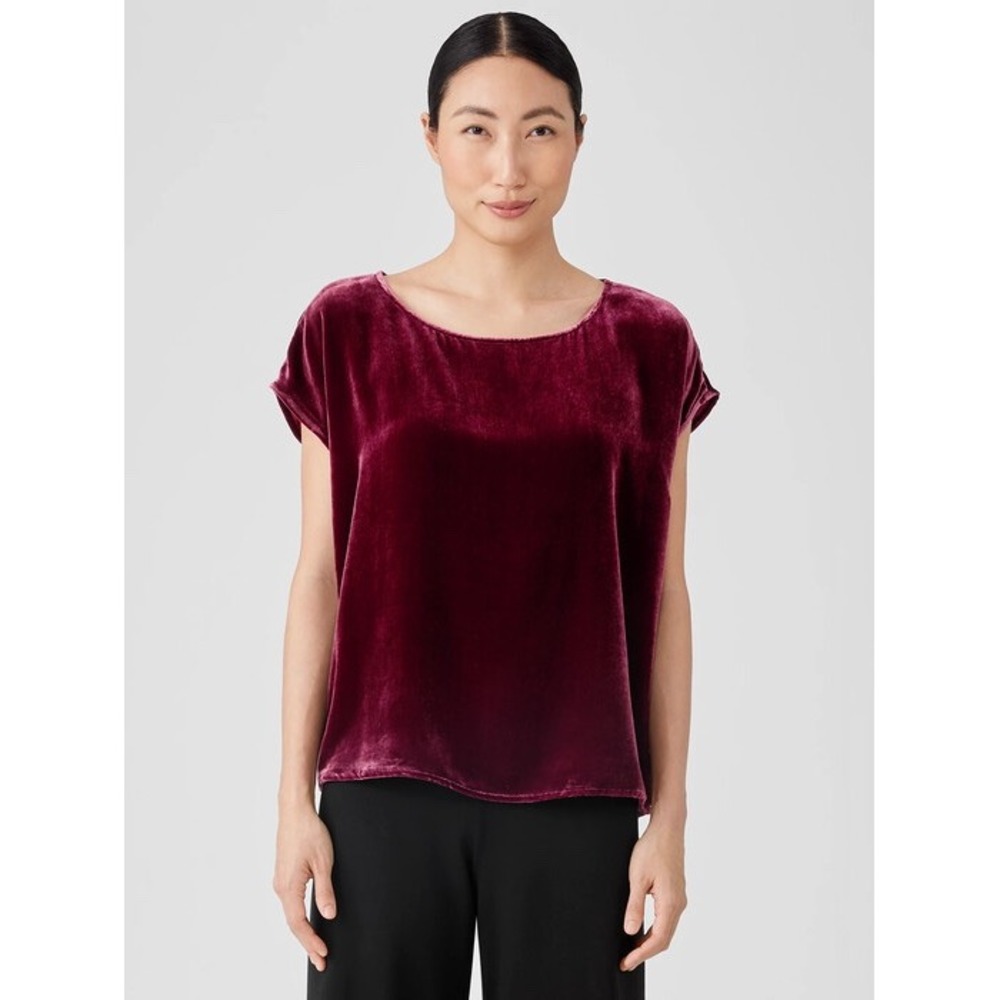Eileen Fisher Velvet Ballet Neck Silk Blend Square Top Relaxed Maroon L Holiday